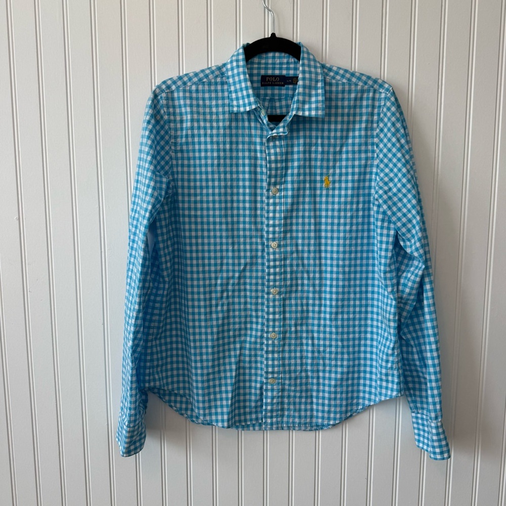 Womens Ralph Lauren Pink White Gingham Button Down Shirt Top Large Preppy Poplin
